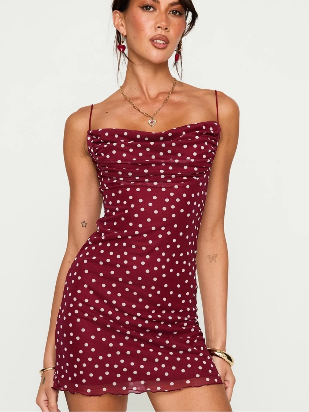 Princess Polly Red Polka Dot Cowl Neck Slip Dress